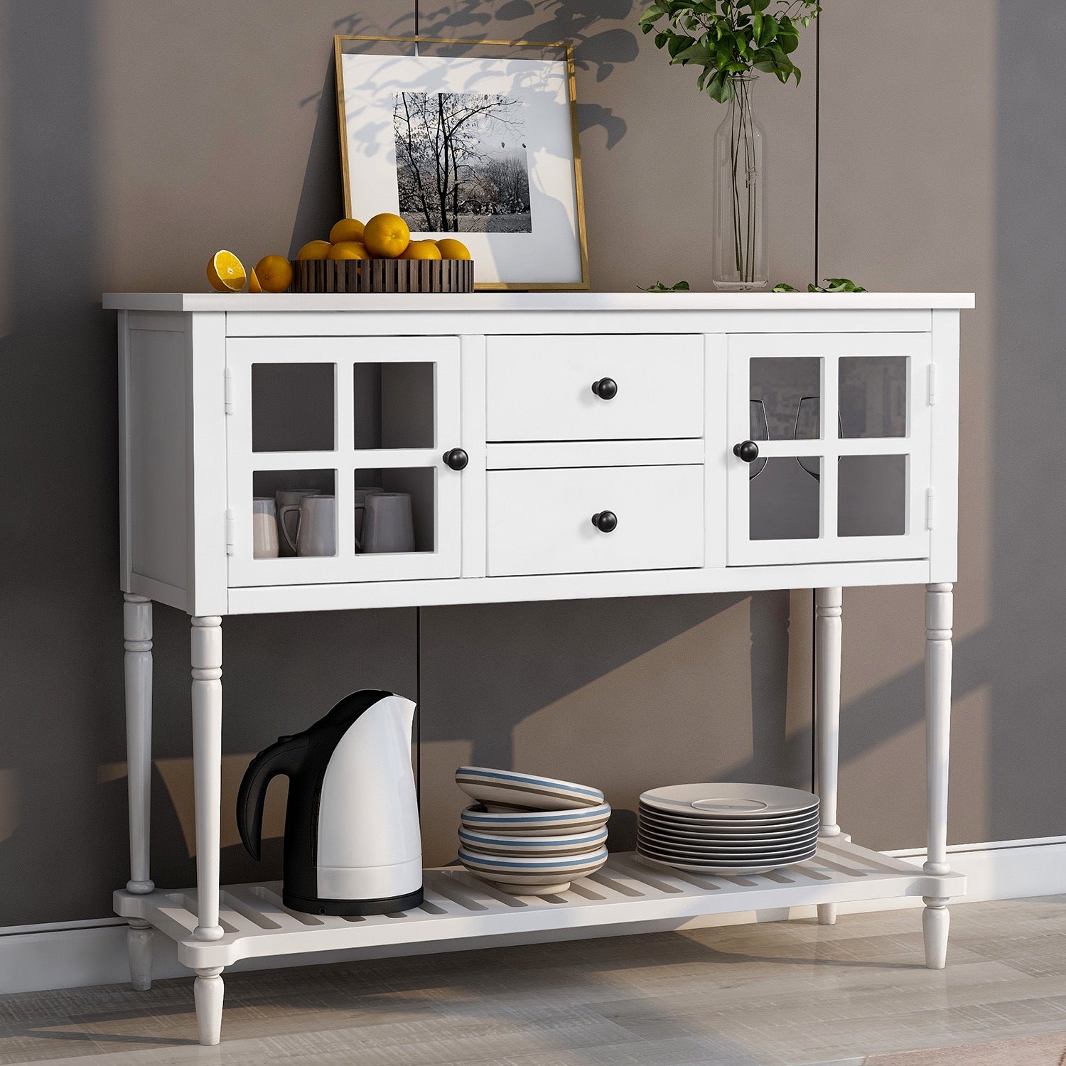 Vintage Wood and Glass Sideboard Console with Rattan Storage - Mulberry Home Store